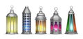 Realistic silver arab lamps. Colorful oriental lanterns, isolated islamic decorative lights vector set