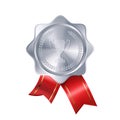 Realistic silver award medal with red ribbons and engraved winner's cup. Premium badge for winners and achievements Royalty Free Stock Photo