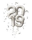 Realistic 2019 silver balloons confetti new year