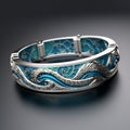 Realistic Silver Bangle With Blue And Silver Wave Pattern