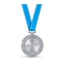 Realistic silver empty medal on blue ribbon. Sports competition awards for second place. Championship reward for victories and