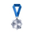 Realistic silver empty medal on blue ribbon. Sports competition awards for second place. Championship reward for victories and