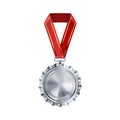 Realistic silver empty medal on red ribbon. Sports competition awards for second place. Championship reward for victories and