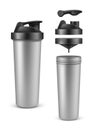 Realistic silver empty protein bottle, mixer or shaker