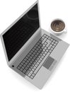 Realistic silver laptop with cup of coffee