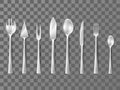 Realistic silverware. Metal cutlery. Flatware collection. 3D clean spoons. Top view of dish. Silver fish knife