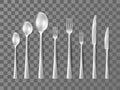 Realistic silverware. Metal cutlery. Flatware collection. 3D spoons. Top view of dish. Silver knife. Stainless fork