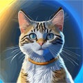 Realistic simple yellow and white cat on a colorful background. The animal is looking straight.