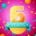 Realistic Six Years Anniversary Celebration design banner. Gold numbers and cyan ribbon, balloons, confetti on pink Royalty Free Stock Photo