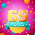 Realistic Sixty nine Years Anniversary Celebration design banner. Gold numbers and cyan ribbon, balloons, confetti on Royalty Free Stock Photo