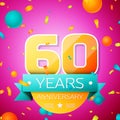 Realistic Sixty Years Anniversary Celebration design banner. Gold numbers and cyan ribbon, balloons, confetti on pink Royalty Free Stock Photo