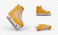 Realistic skates. Yellow sports shoes with metal blades. Accessory for skating