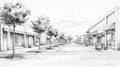 Realistic Sketch Of Commercial Corridor With Detailed Architectural Drawings