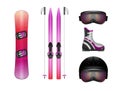 Realistic skiing and snowboarding equipment set. Ski, poles, snowboard, goggles, helmet and boots