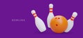 Realistic skittles, orange bowling ball. Advertising poster on purple background Royalty Free Stock Photo