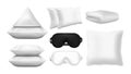 Realistic sleep accessories. Sleeping mask, pillow, blanket. White elements for bed, sweet dream vector set