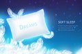 Realistic sleep concept. Soft sleep pillow with feathers, clouds and starry night sky mock up. Dream and rest 3D