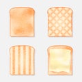 Realistic sliced bread toasts with butter set. Slices of whole wheat white bread. Bakery and food