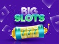 Realistic slot machine with playing cards on shiny purple background.