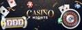 Realistic slot machine with roulette wheel, casino chips and playing cards illustration on abstract background.