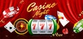 Realistic slot machine with roulette wheel, casino chips and playing cards illustration on red curtain background. Royalty Free Stock Photo