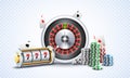 Realistic slot machine with roulette wheel, casino chips and playing cards illustration on white png background. Royalty Free Stock Photo