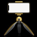 Realistic smartphone with blank white screen on gold tripod isolated on black Royalty Free Stock Photo