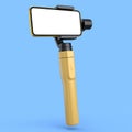 Realistic smartphone with blank white screen and steadicam isolated on blue