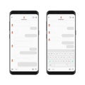 Realistic smartphone chatting messenger app template with chat bubbles and keyboard. Vector Mockup dialogues composer.