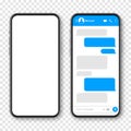 Realistic smartphone with messaging app. Blank SMS text frame. Conversation chat screen with blue message bubbles Royalty Free Stock Photo