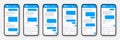 Realistic smartphone with messaging app. Blank SMS text frame. Conversation chat screen with blue message bubbles Royalty Free Stock Photo