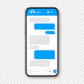 Realistic smartphone with messaging app. Blank SMS text frame. Conversation chat screen with blue message bubbles Royalty Free Stock Photo
