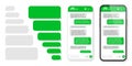 Realistic smartphone with messaging app. Blank SMS text frame. Conversation chat screen with green message bubbles Royalty Free Stock Photo
