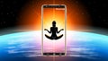 Realistic smartphone in outer space. Silhouette of a woman Royalty Free Stock Photo