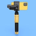 Realistic smartphone with steadicam and selfie stick isolated on blue