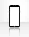 Realistic smartphone template with blank screen isolated on glossy table. Front view of mobile cellphone. Smart phone mock up