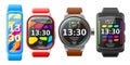 Realistic smartwatches. Electronic techno gadgets, wearable accessories, sport watches different forms, display screen