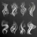 Realistic smoke. White food steam hookah hot tea coffee smoke texture isolated on black background set Royalty Free Stock Photo