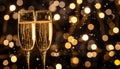 A pair of elegant champagne glasses against a backdrop of sparkling fairy lights