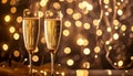 A pair of elegant champagne glasses against a backdrop of sparkling fairy lights
