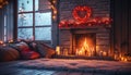 A realistic snapshot of a cozy fireplace with crackling flames