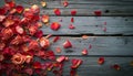 A rose petals scattered on a wooden surface, Royalty Free Stock Photo