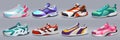 Realistic sneakers. Various shoes for training and sport recreation, different colorful footwear. Vector fashion sport Royalty Free Stock Photo