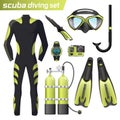 Realistic snorkeling and scuba diving equipment. Scuba-diving gear isolated. Diver wetsuit, scuba mask, snorkel, fins Royalty Free Stock Photo