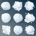 Realistic snow splats. Winter children games snowballs, Christmas holiday fun, snow fight splats isolated vector