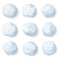 Realistic snowballs. Winter frozen snow ball, christmas snowy decorations or kids winter snowballs game elements vector