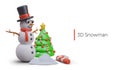 Realistic snowman near decorated Christmas tree, snowdrift, giant candy cane