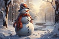 Realistic snowman in a red hat and scarf is smiling while standing in the snow near the fir trees. Christmas holidays. Generative Royalty Free Stock Photo