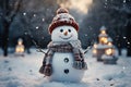 Realistic snowman in a red hat and scarf is smiling while standing in the snow near the fir trees. Christmas holidays. Generative Royalty Free Stock Photo