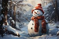 Realistic snowman in a red hat and scarf is smiling while standing in the snow near the fir trees. Christmas holidays. Generative Royalty Free Stock Photo